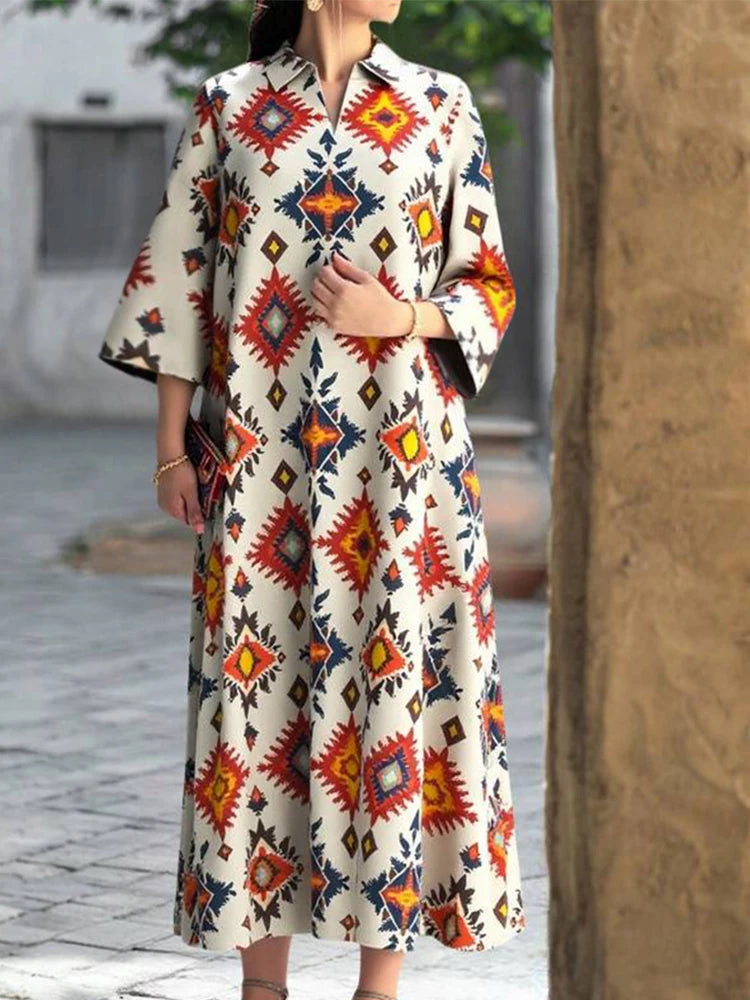 Rafiah Women's Summer Arabian Dress Fashion Full Print Long Sleeve V-Neck Vacation Long Dresses Evening Dresses 2025