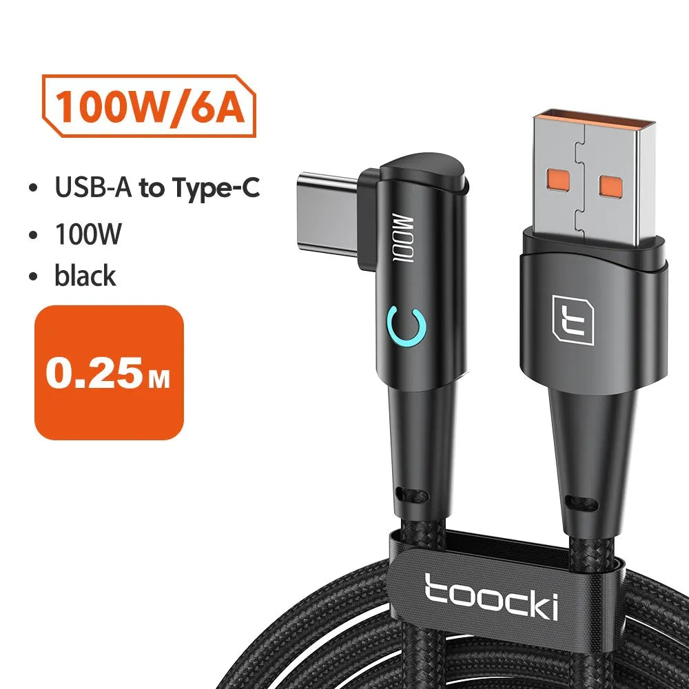 كابل Toocki 6A USB C بزاوية 90 درجة لشحن سريع 100 واط لهاتف OPPO وHonor وHuawei وOneplus وRealme وسلك بيانات الشاحن