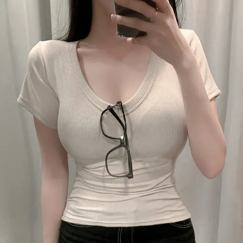 Faionable V-ne Tight-fit ort-sved T-irt Women's Inner Wear Body-a Tool Dongda Gate Modal Knitted Top