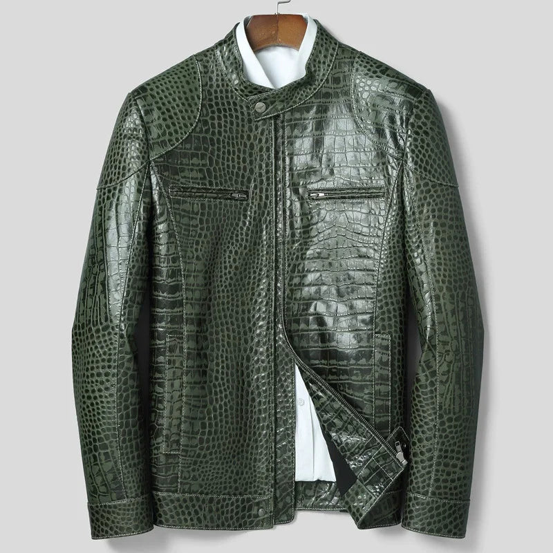 Males Luxury Natural Sheepskin Crocodile Pattern Jacket Stand Collar Slim Fit Straight Autumn Genuine Leather Motorcycle Jackets