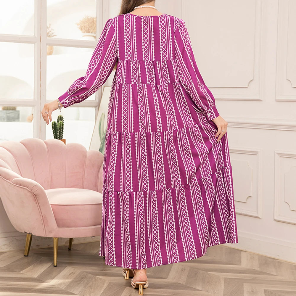Rafiah Summer Arabian Dress 2025 Casual Basics Stripes Long Sleeve Square Neck A-Line Midi Long Dress For Women