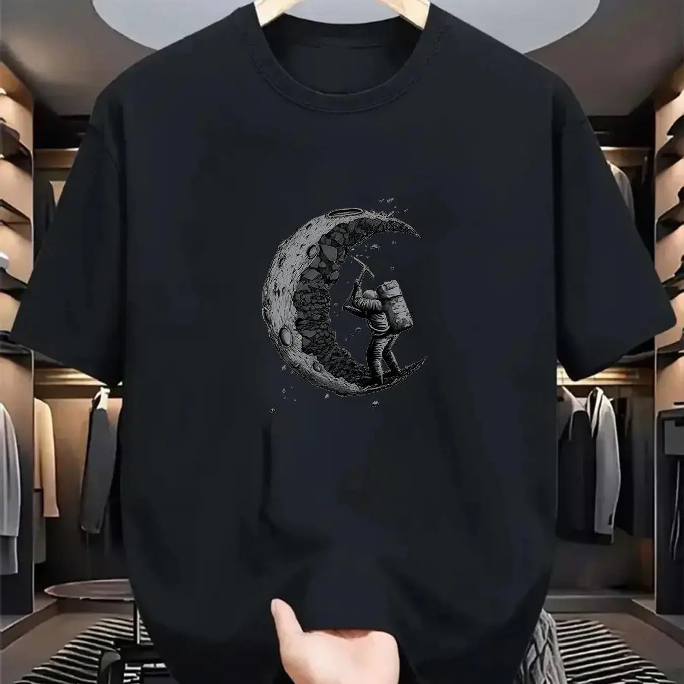 Men's summer 100% cotton π moon shaped planet astronaut π§βπ digging printed casual loose solid color multi-color optional sports round neck short sleeved T-shirt top