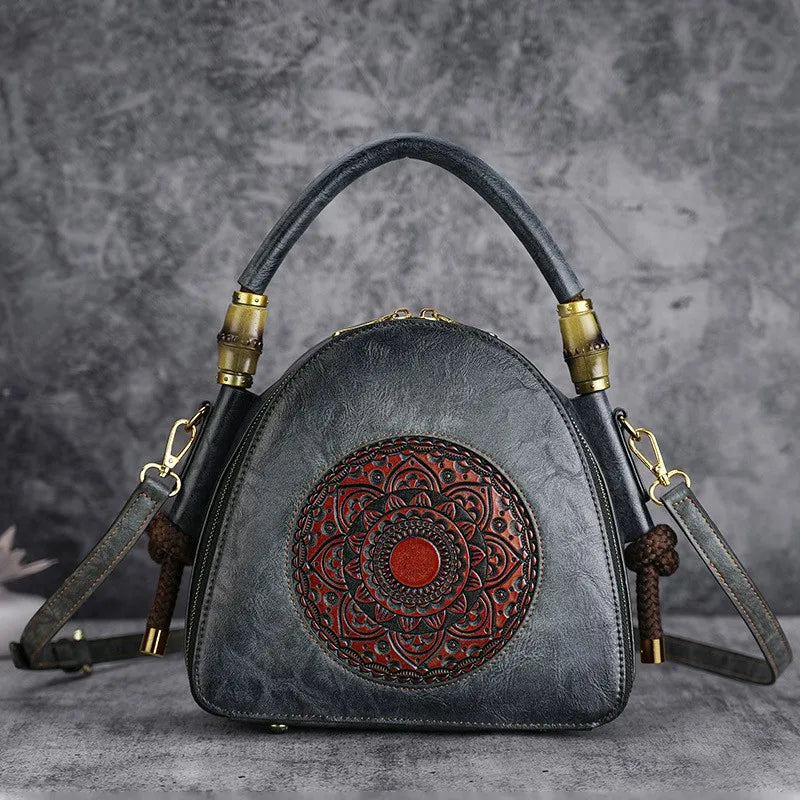 MOTAORA Bamboo Top Handle Embossed Leather Shoulder Bag, Vintage Bohemian Crossbody Purse for Women Handmade Large Capacity Tote