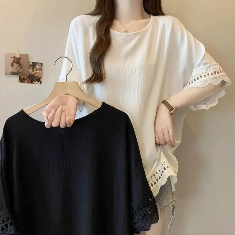 Lace Hollow out Texture ort Sve Women's T-irt Summer plus Size Conceals Belly Slimming Faionable Top Korean Sle