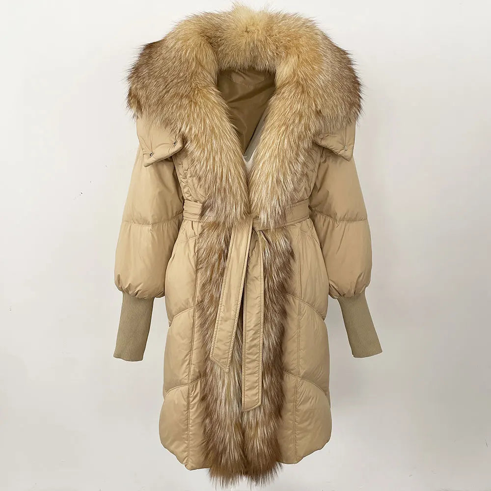 2025 Autumn Winter Women Coat Real Natural Fox Fur Long Down Jacket Thick Warm Casual Hooded White Duck Down Elegant Overwears