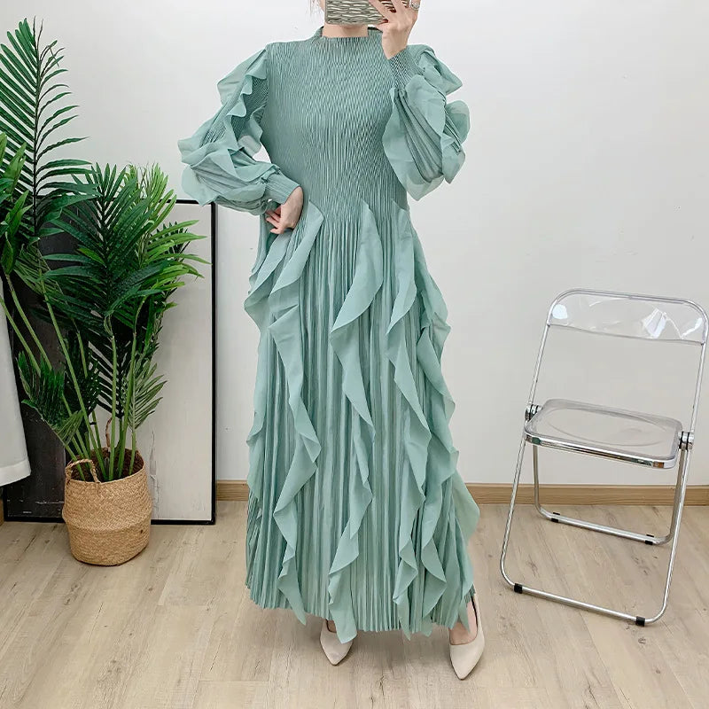 Fashion Ruffles Pleated Dress Women Round Neck Flare Sleeves Solid Maxi Belt Dresses Party 2025 Autumn New