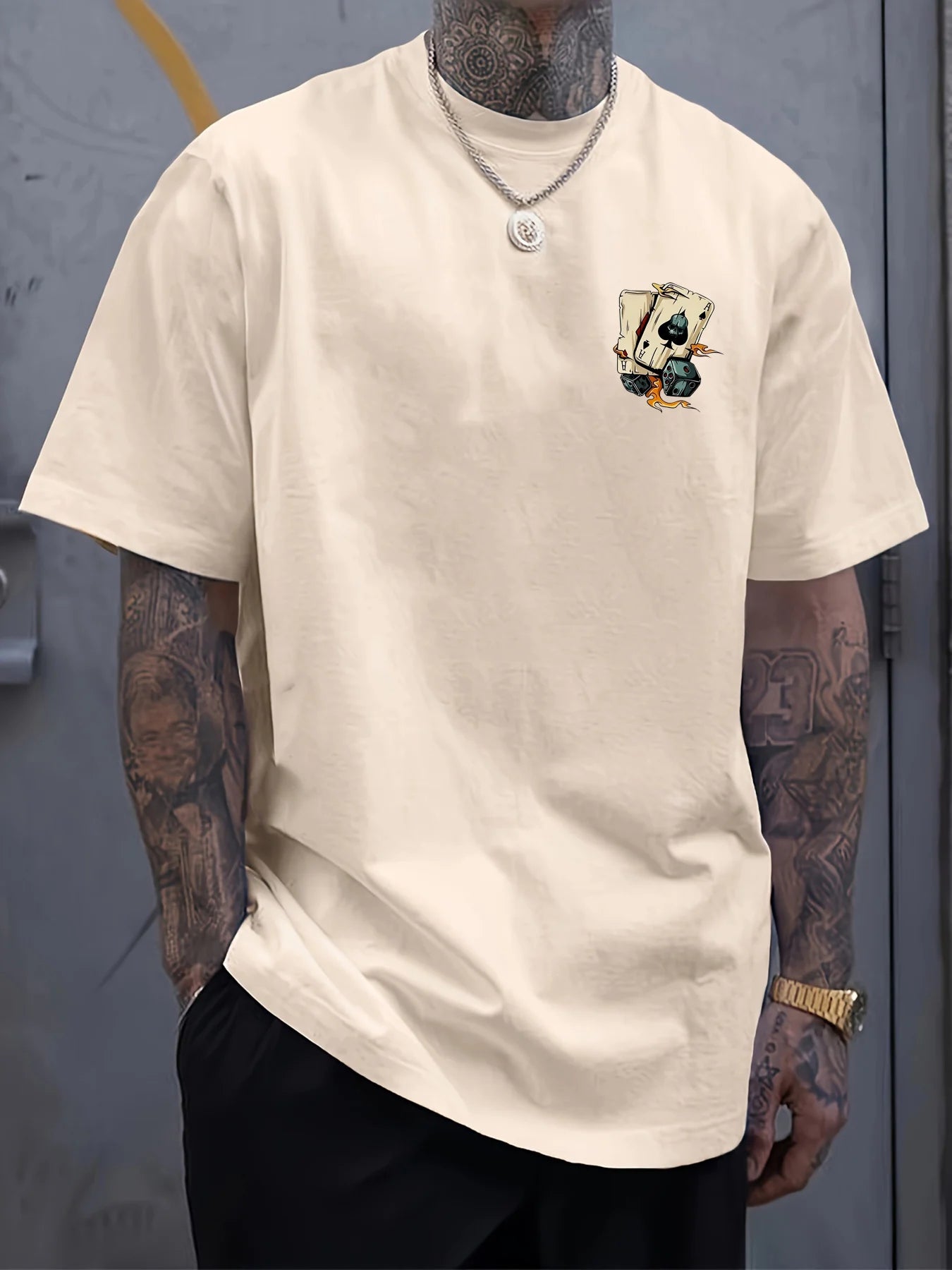Men's summer 100% pure cotton fashionable casual loose spade a and dice printed round neck short sleeved T-shirt top