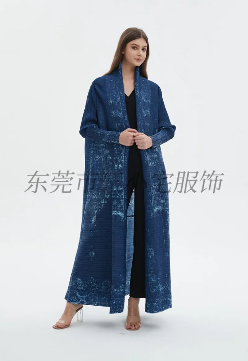 KAF Pleated Women Large Size Trench Coat 2024 Spring and Autumn New Vintage Printed Design Female Robe Arab Luxury Abaya