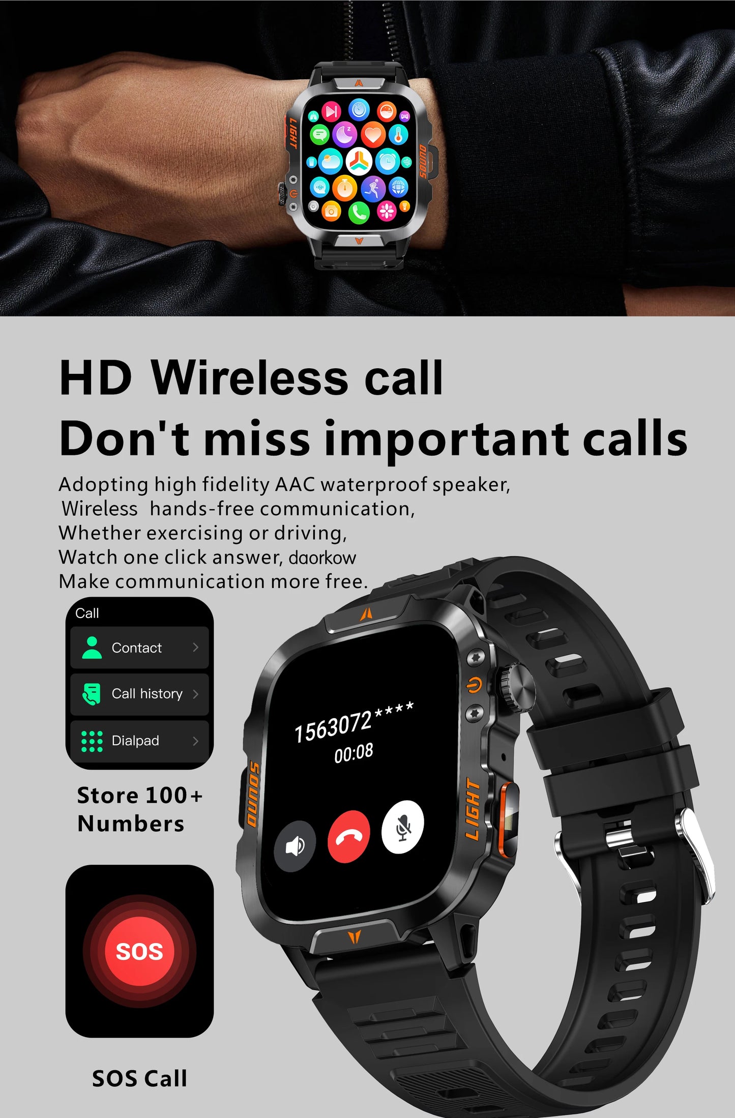 LIGE Military Smart Watch Men 1.96" Screen 3ATM Waterproof Bracelet Bluetooth Call AI Voice Sport Smartwatch With LED Flashlight
