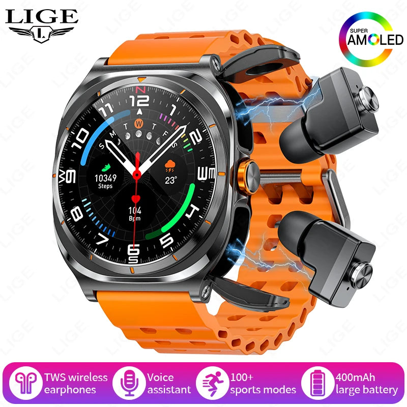 LIGE New Smart Watch With 2 in 1 TWS Wireless Headset Bluetooth Call 1.53" AMOLED Screen 400mAh IP67 Waterproof Sport Smartwatch