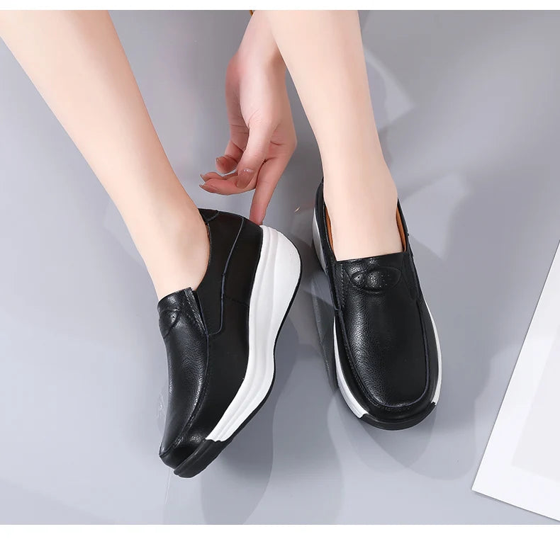 Women’s Genuine Leather Platform Loafers – Orthopedic Slip-On Casual Flats