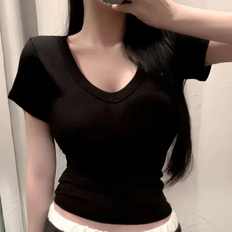 Faionable V-ne Tight-fit ort-sved T-irt Women's Inner Wear Body-a Tool Dongda Gate Modal Knitted Top