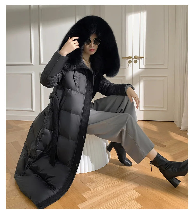 Women’s Luxury White Goose Down Coat – Hooded Long Jacket with Fox Fur Collar & Belt