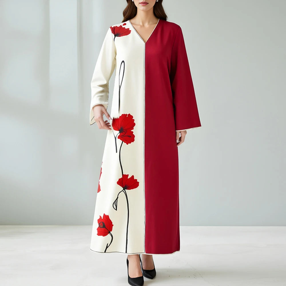 Rafiah Summer Dress 2025 Floral Patchwork Women's Fashion Long Sleeve V-Neck A-Line Maxi Dating Arabian Dress