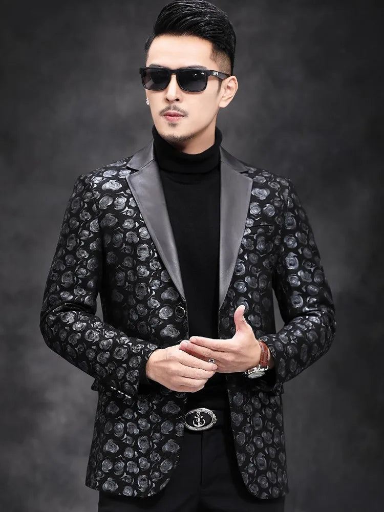 New Designer Business Men Work Floral Printed Blazer Suit Coat Autumn Slim Fit Single Breasted Sheepskin Genuine Leather Jacket