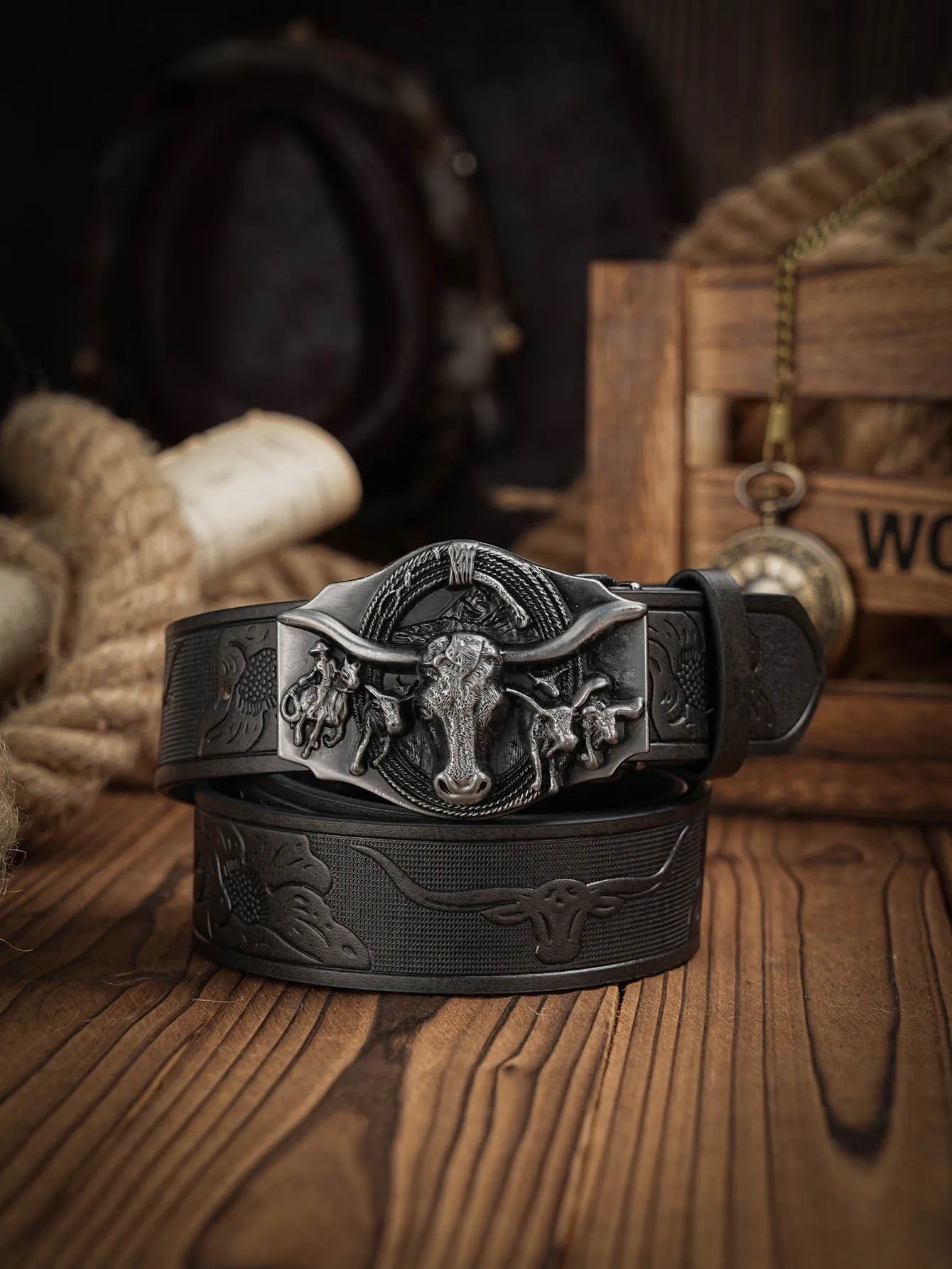 Western Cowboy PU Leather Belt - Men Waist Strap Bull Decoration Floral Engraved for Jeans