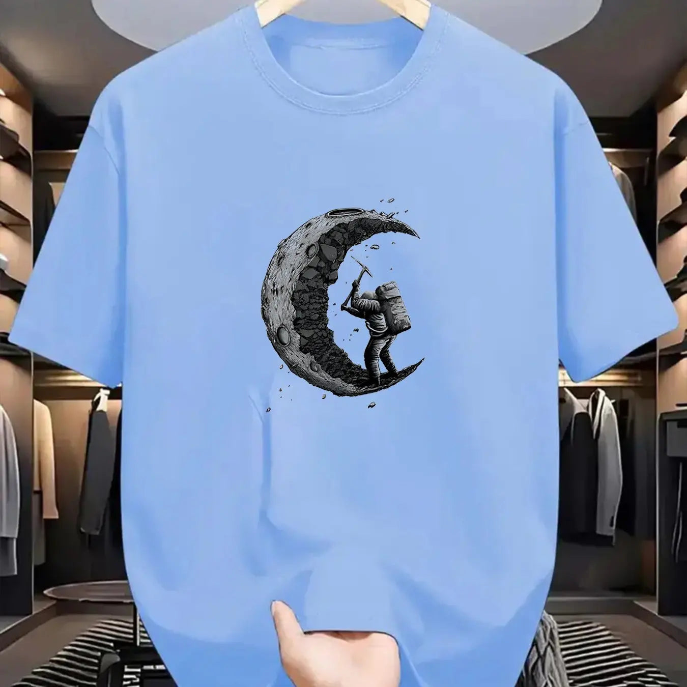 Men's summer 100% cotton π moon shaped planet astronaut π§βπ digging printed casual loose solid color multi-color optional sports round neck short sleeved T-shirt top