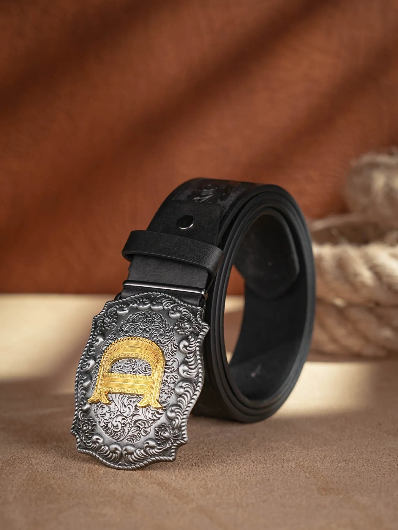 Western Cowboy PU Leather Belt - Men Waist Strap Bull Decoration Floral Engraved for Jeans