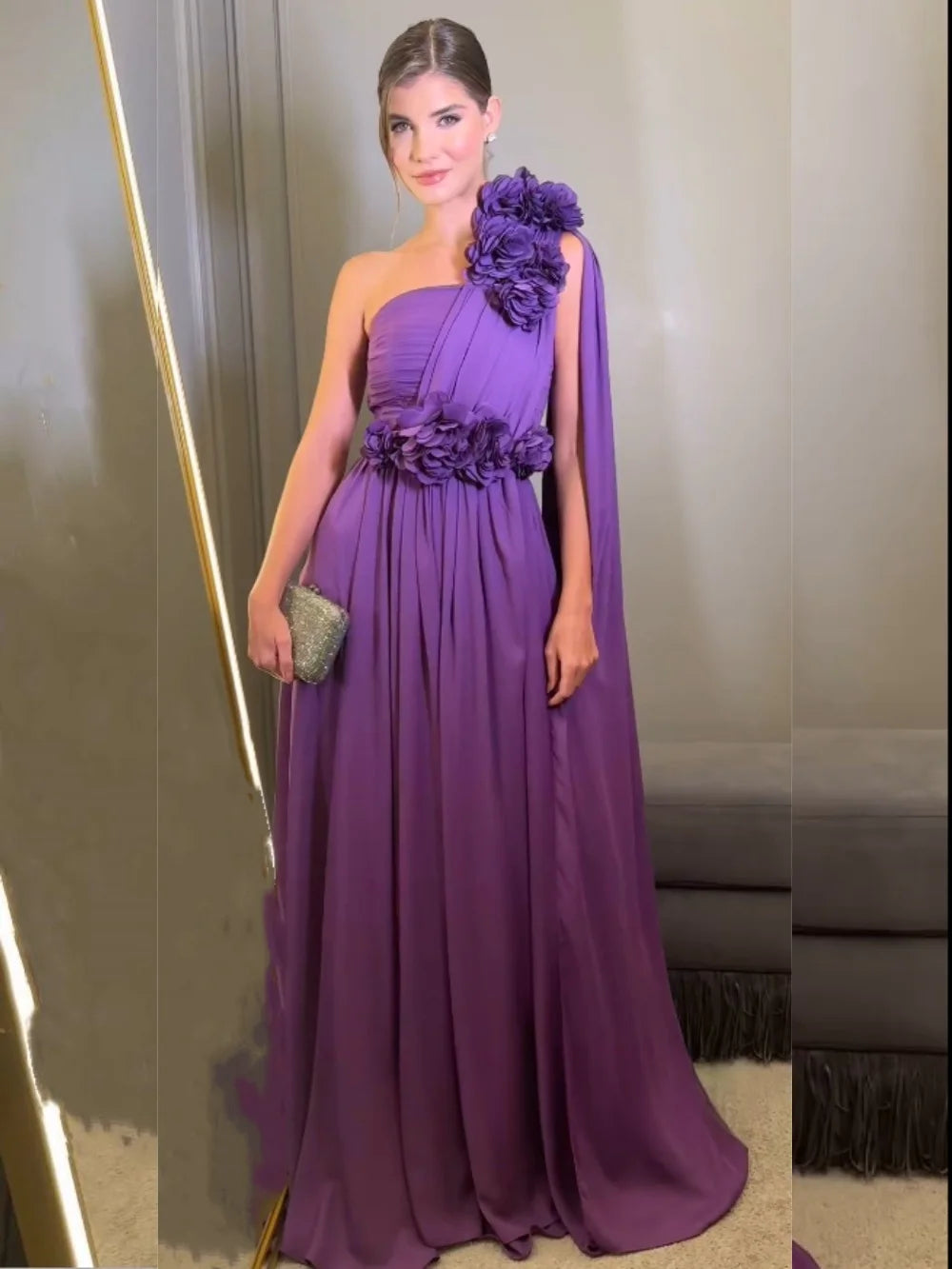Mila Purple Flower One Shoulder Prom Dresses 3D Flower Waist Sleeveless Evening Dresses Floor-Length Customized Party Dresses