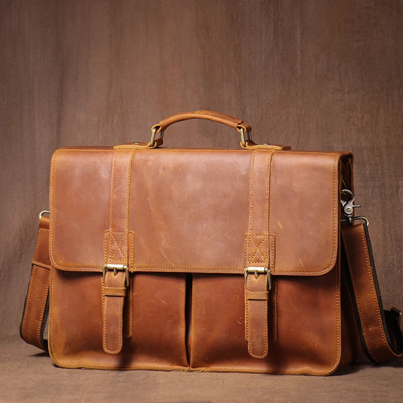 LUOKIR Vintage Crazy Horse Briefcase Travel Genuine Leather Handbag Luxury Men's Messenger Computer Shoulder Bag 14 Inch Laptop