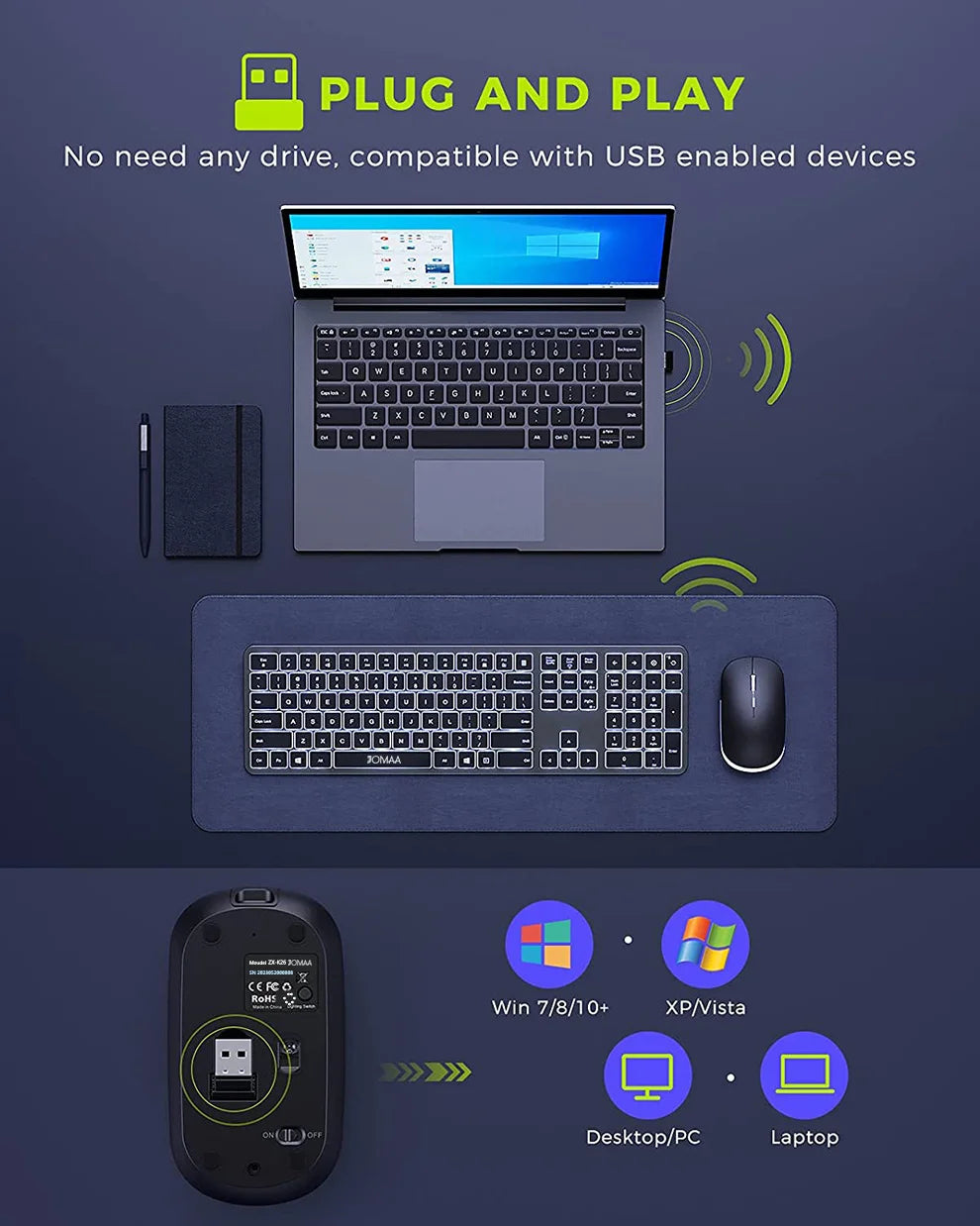 Jomaa Full-Size Backlight Wireless Keyboard and Mouse Combo for Laptop PC USB Silent Click Keyboard Mouse Set Rechargeable Spain