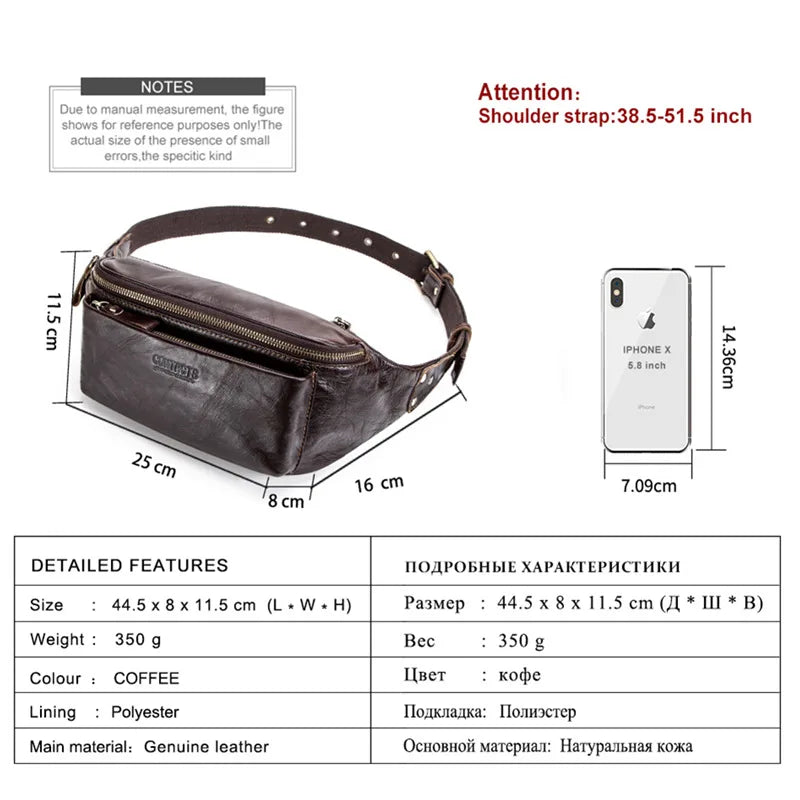 MOTAORA Men's Genuine Leather Waist Bag Multifunctional Chest Pack for Travel & Sports Anti-Theft Phone Pouch Gym Crossbody Bag