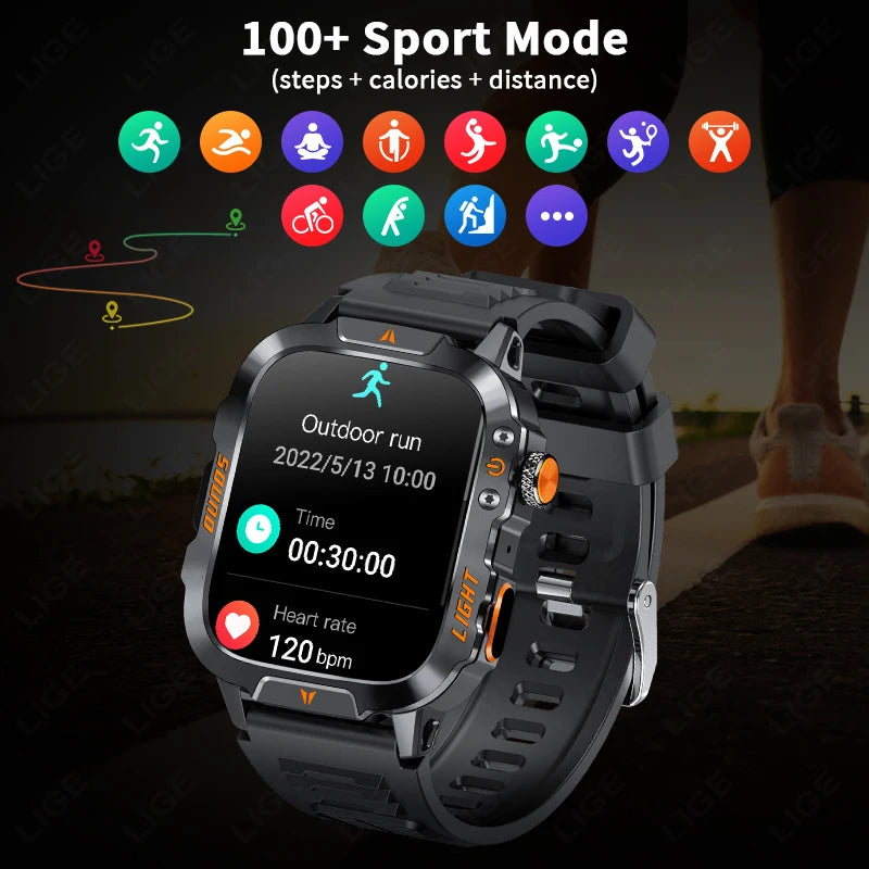 LIGE Military Smart Watch Men 1.96" Screen 3ATM Waterproof Bracelet Bluetooth Call AI Voice Sport Smartwatch With LED Flashlight