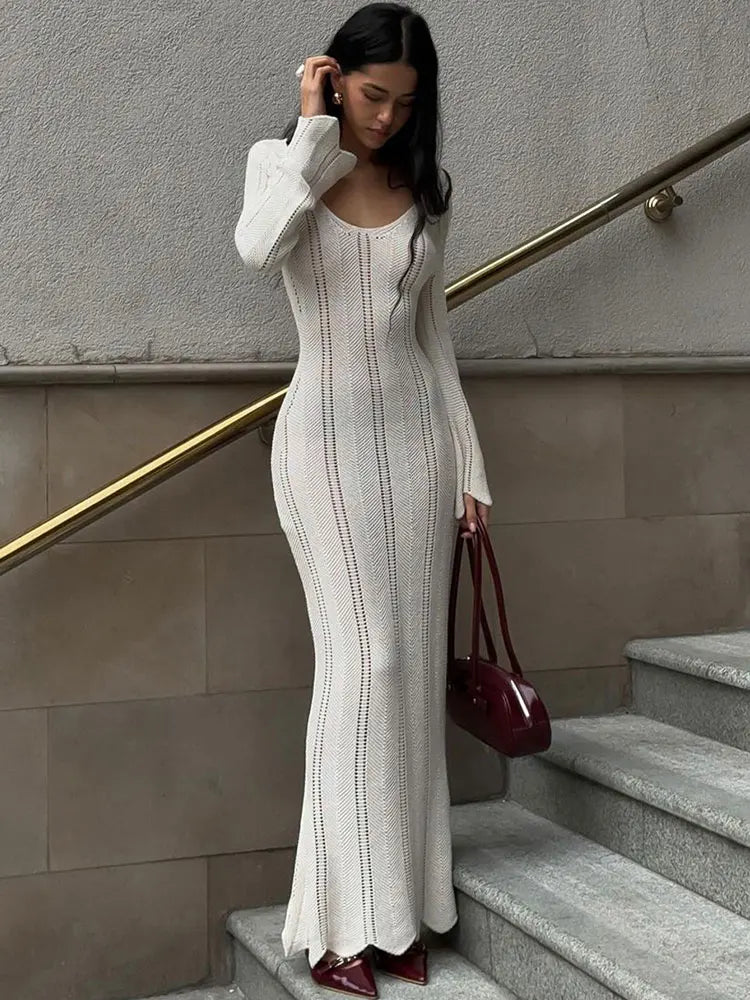 Knitted Hollow Out Maxi Dress – Women's Long Sleeve Off Shoulder Slim Fit.White/Black