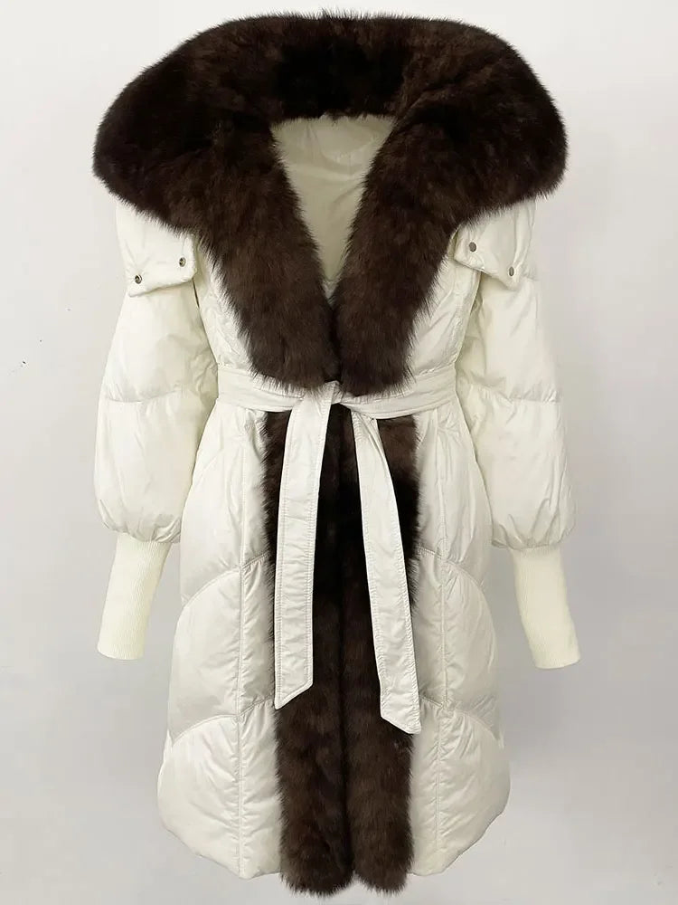 2025 Autumn Winter Women Coat Real Natural Fox Fur Long Down Jacket Thick Warm Casual Hooded White Duck Down Elegant Overwears