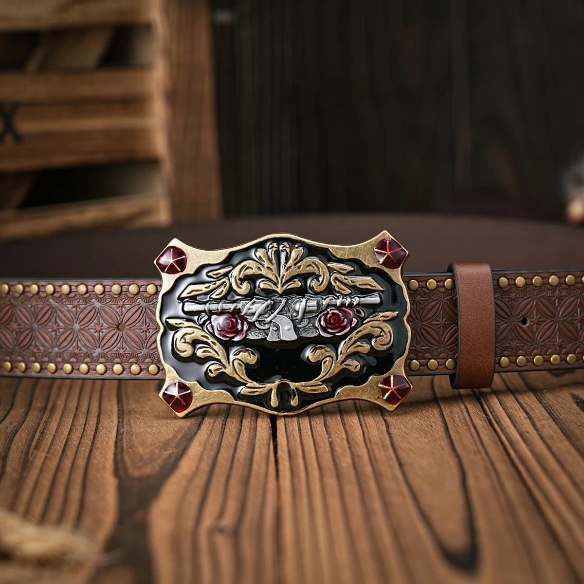 Men - Women - Western Denim - pu leather - Belt - Vintage jeans with floral carved buckle belt