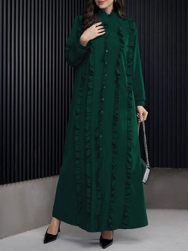 Rafiah Women's Casual Fashion Long Sleeve High Neck Loose Fit Solid Color Dress with Subtle Ruffled Hem Evening Dresses