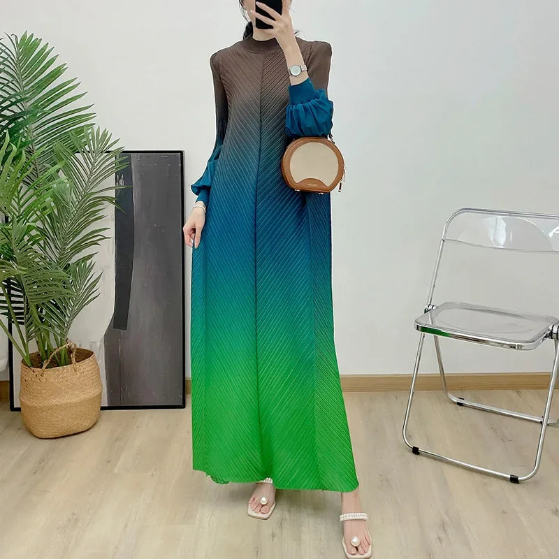 KAF Pleated Women Casual Dress 2025 Spring Autumn New Round Neck Long Sleeve Gradient Color Loose Large Size Design Dresses