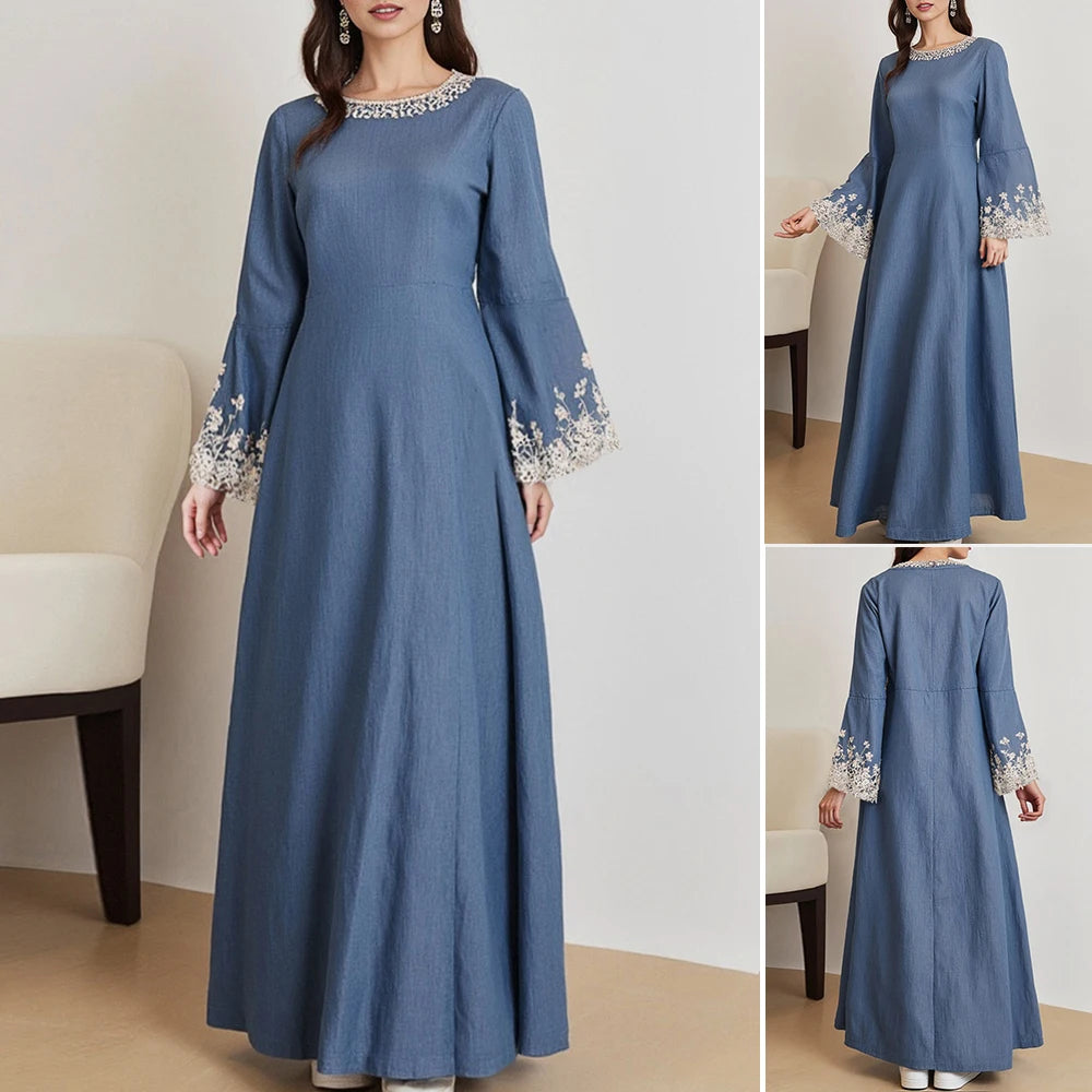 Rafiah Women's Solid Color
Dresses Summer Elegant Decent 2025 Long Sleeve Round-Neck Midi A Line Casual Long Dress