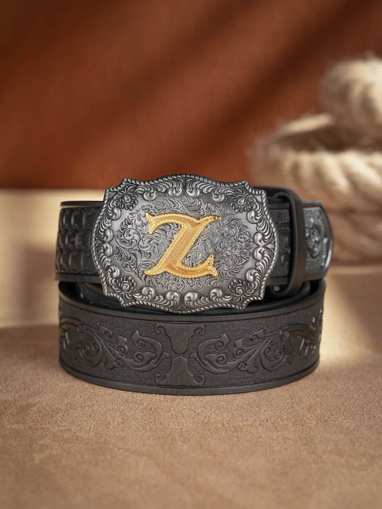 Western Cowboy PU Leather Belt - Men Waist Strap Bull Decoration Floral Engraved for Jeans