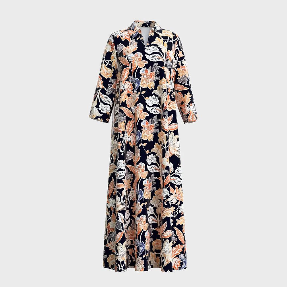 Plus Size Rafiah Women's Summer Arabian Dress 2025 Botanical Print Long Sleeve Lapel Draped Loose Fit Long Dress
