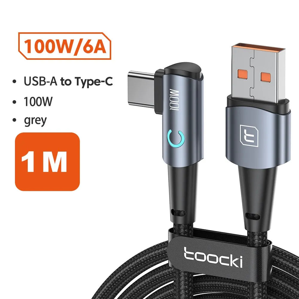 كابل Toocki 6A USB C بزاوية 90 درجة لشحن سريع 100 واط لهاتف OPPO وHonor وHuawei وOneplus وRealme وسلك بيانات الشاحن
