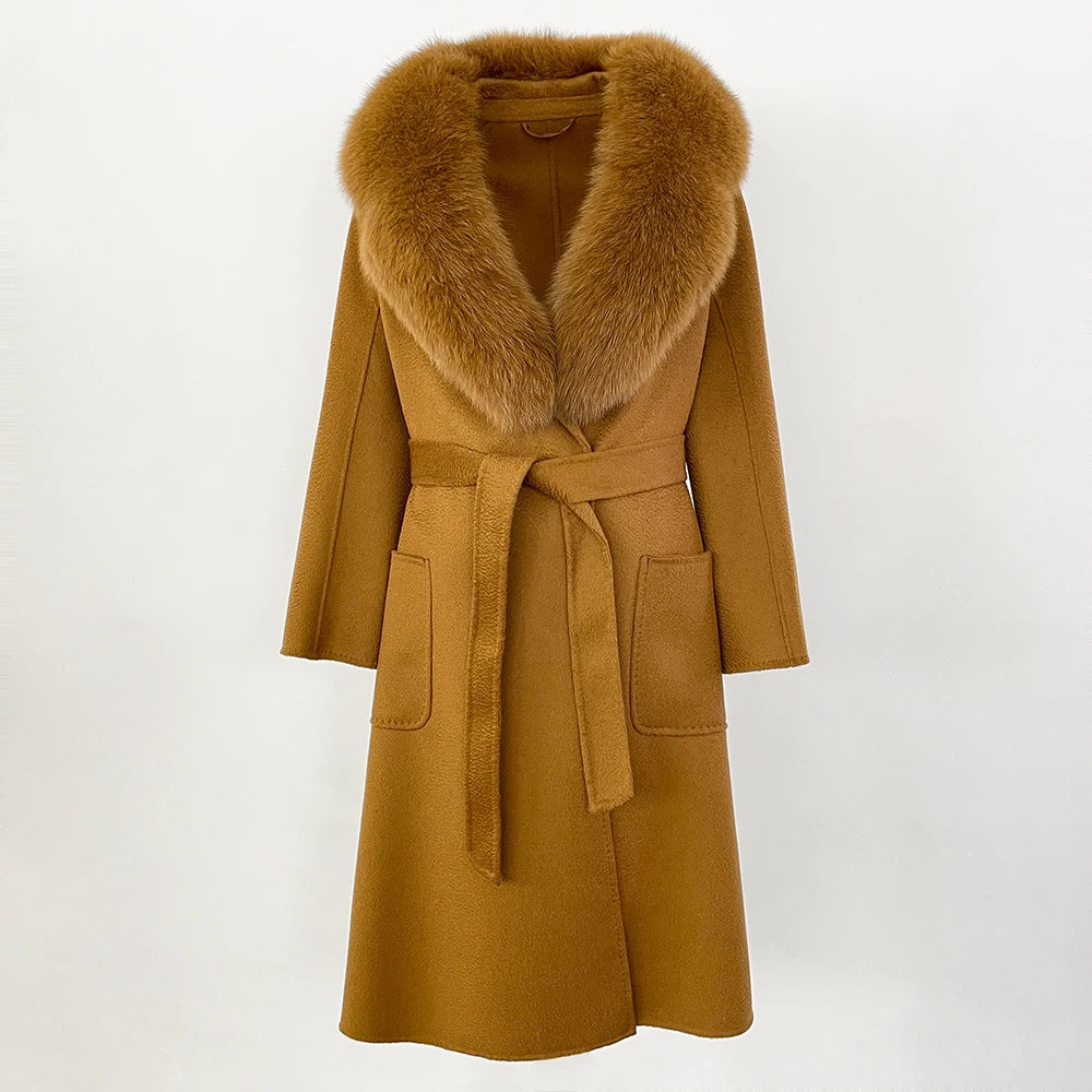 GENHUA 2025 New Casual Fur Coat for Ladies Winter Wool Long Fur Ladies Natural Real Fox Fur Collar Jacket for Ladies Warm Coat