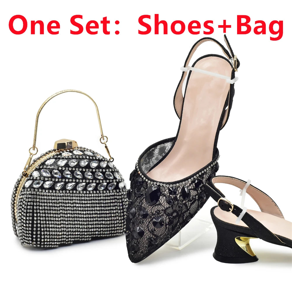 New Arrival Blue Shoes and Bags Set for Women Italian Shoe and Bag Set Designer 2025 Rhinestone Luxury Elegant Pumps for Women