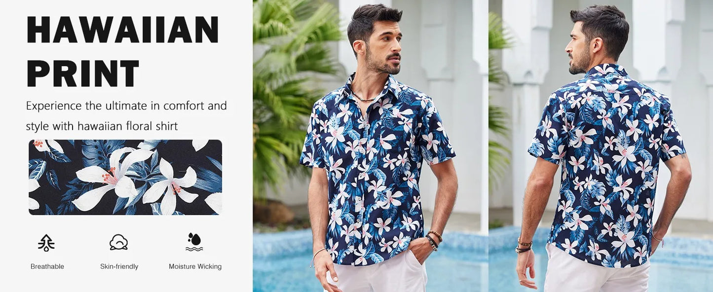 American casual full-print shirt men's Hawaii beach travel vacation short-sleeved shirt handsome casual Japanese style
