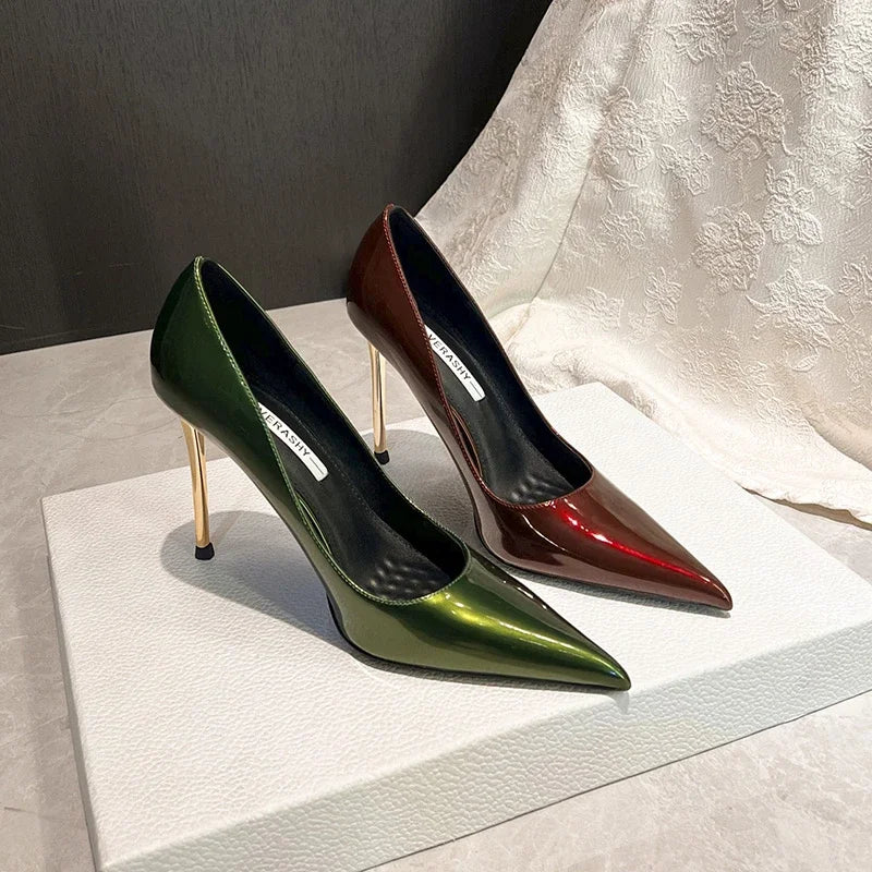 Green Shoes Quality Woman Pumps Patent Leather High Heels Sexy Party Shoes Metal Stilettos Luxury Wine red High-heeled Shoes