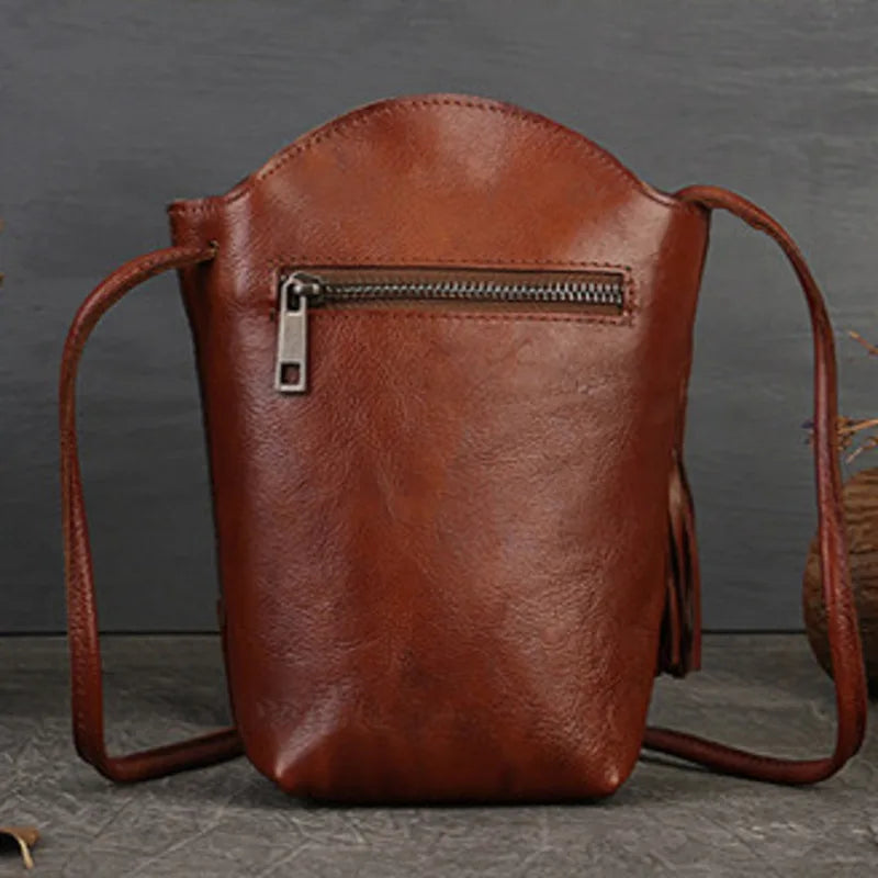 MOTAORA New Small Cowhide Women Shoulder Bag Casual Tassel Bucket Handbag Mini Genuine Leather Mobile Phone Crossbody Bag Purse