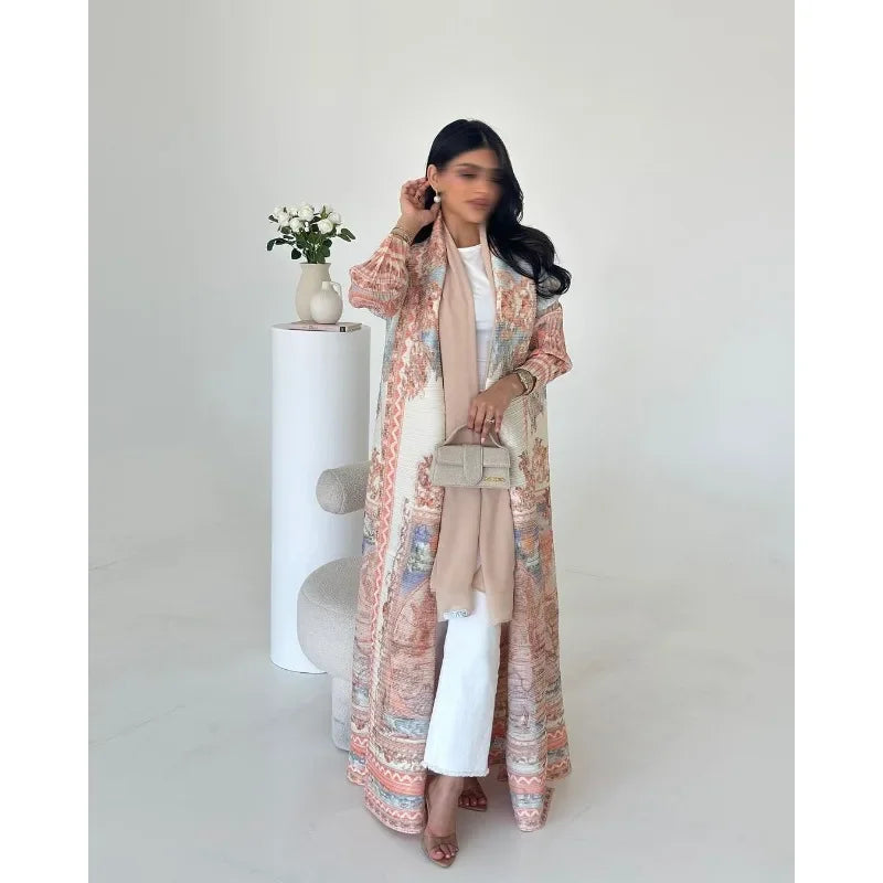 KAF Pleated Women Abaya 2025 Spring Fall New Fashion Retro Printed Cardigan Design Loose Large Size Arab Luxury Robe Female