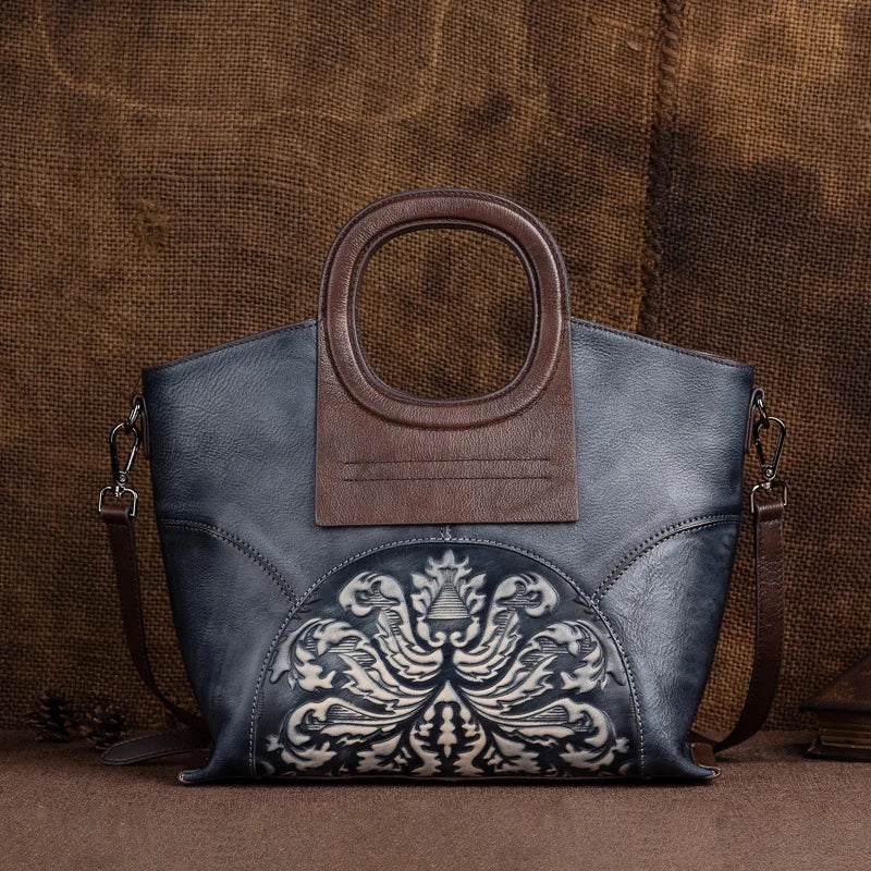 MOTAORA Genuine Leather Luxury Shoulder Bags for Women, Vintage Handmade Designer Cowhide Handbags with Embossed Details