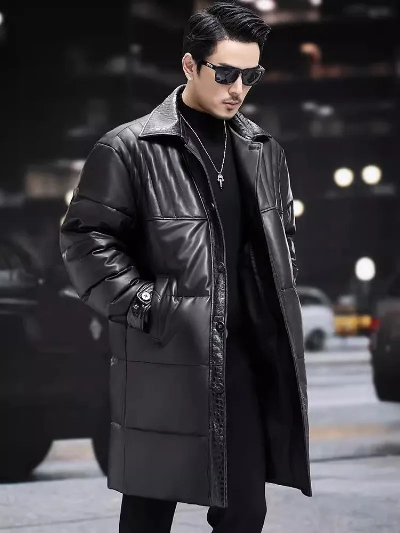 Winter Mens Sheepskin Genuine Leather Down Coat Thicken Warm Single Breasted Turn-Down Collar Medium Length Overcoat Size 5XL