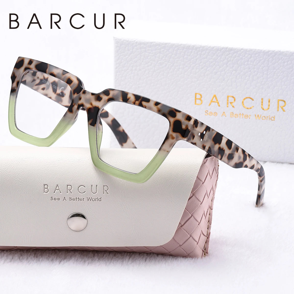 BARCUR Women Large Frame Pink Reading Glasses PC Square Thick Frame Reading Multiple Degree Optional Men Glasses White Gift Box