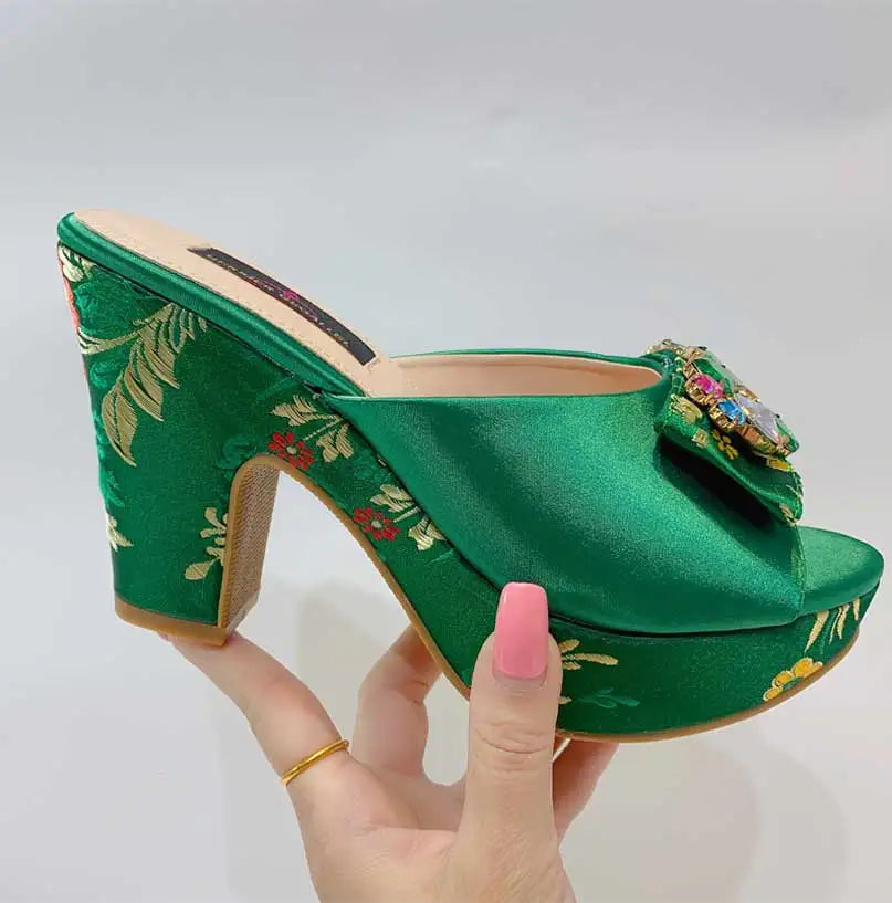 Gladiator Sandals & Bag Set – Green Rhinestone Embroidery, High Heel Party Shoes