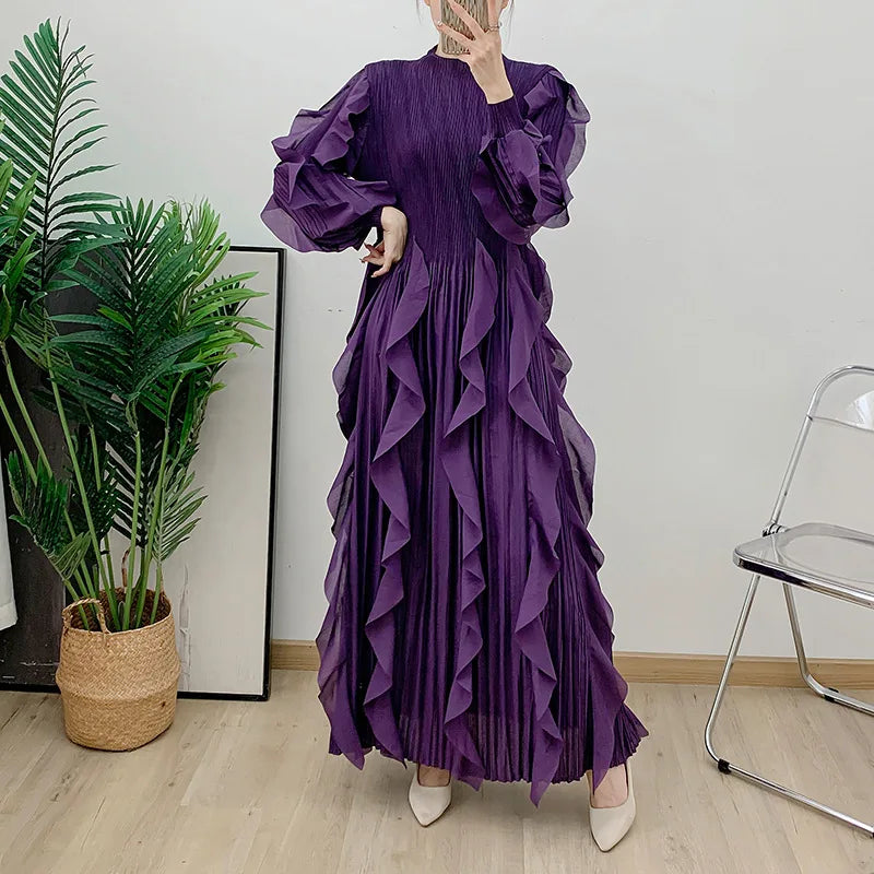 Fashion Ruffles Pleated Dress Women Round Neck Flare Sleeves Solid Maxi Belt Dresses Party 2025 Autumn New