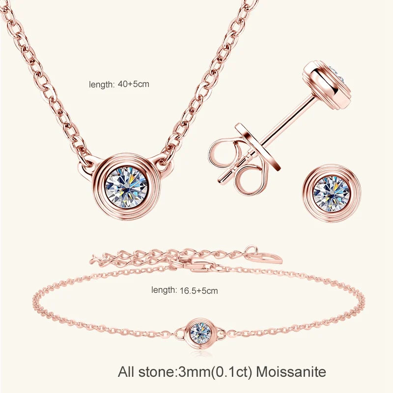 Lnngy 3mm 0.1ct Moissanite Diamond Necklace Bracelet Stud Earring For Women Simple Single Stone Earrings Bracelets Jewelry Set