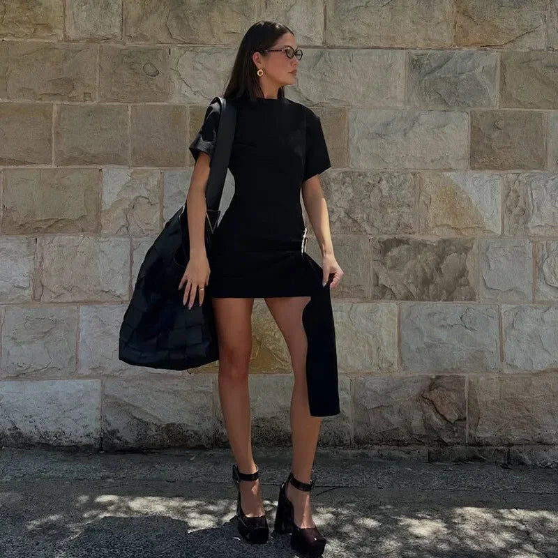 Women's Luxury Black Draped Mini Dress – Metal Buckle, O-Neck, Bodycon Fit