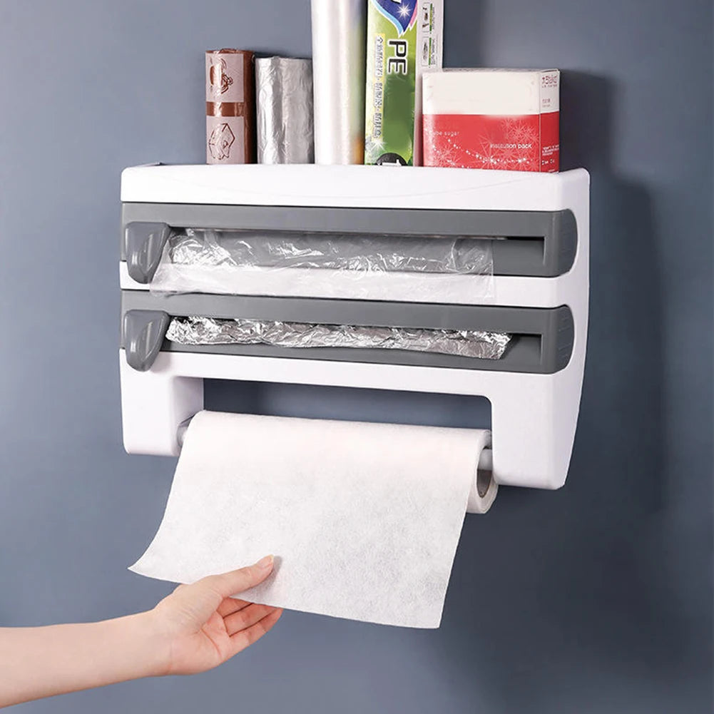 ABS Material Wall Mounted Kitchen Cling Film Dispenser with Cutter, Cling Film Aluminum Foil Roll Holder Paper Towel Holder Grey